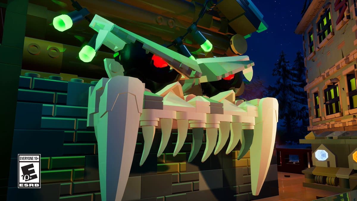 A haunted LEGO house with giant fangs in the LEGO Fortnite Brick or Treat trailer